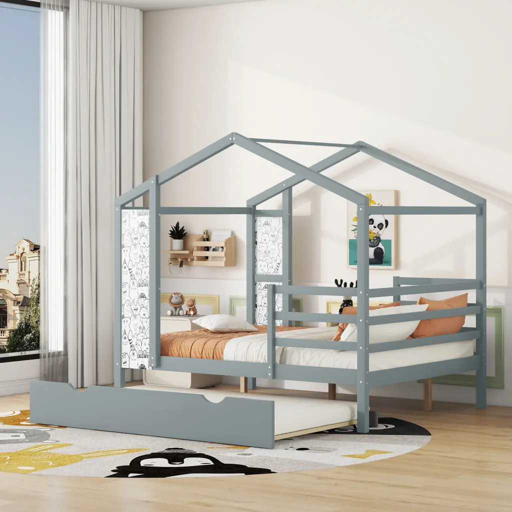 Full Dimensions Wood Houtilize Bed Fence And Writing Board Gray Solid Wood Loft Bed lucky furniture