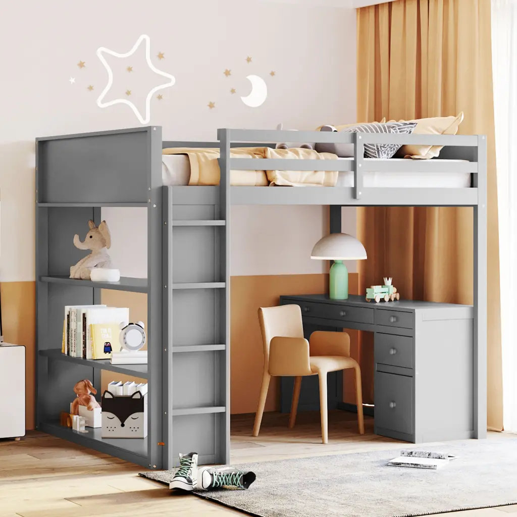 Full Loft Bed Ladder Shelves And Desk Gray Solid Wood lucky furniture