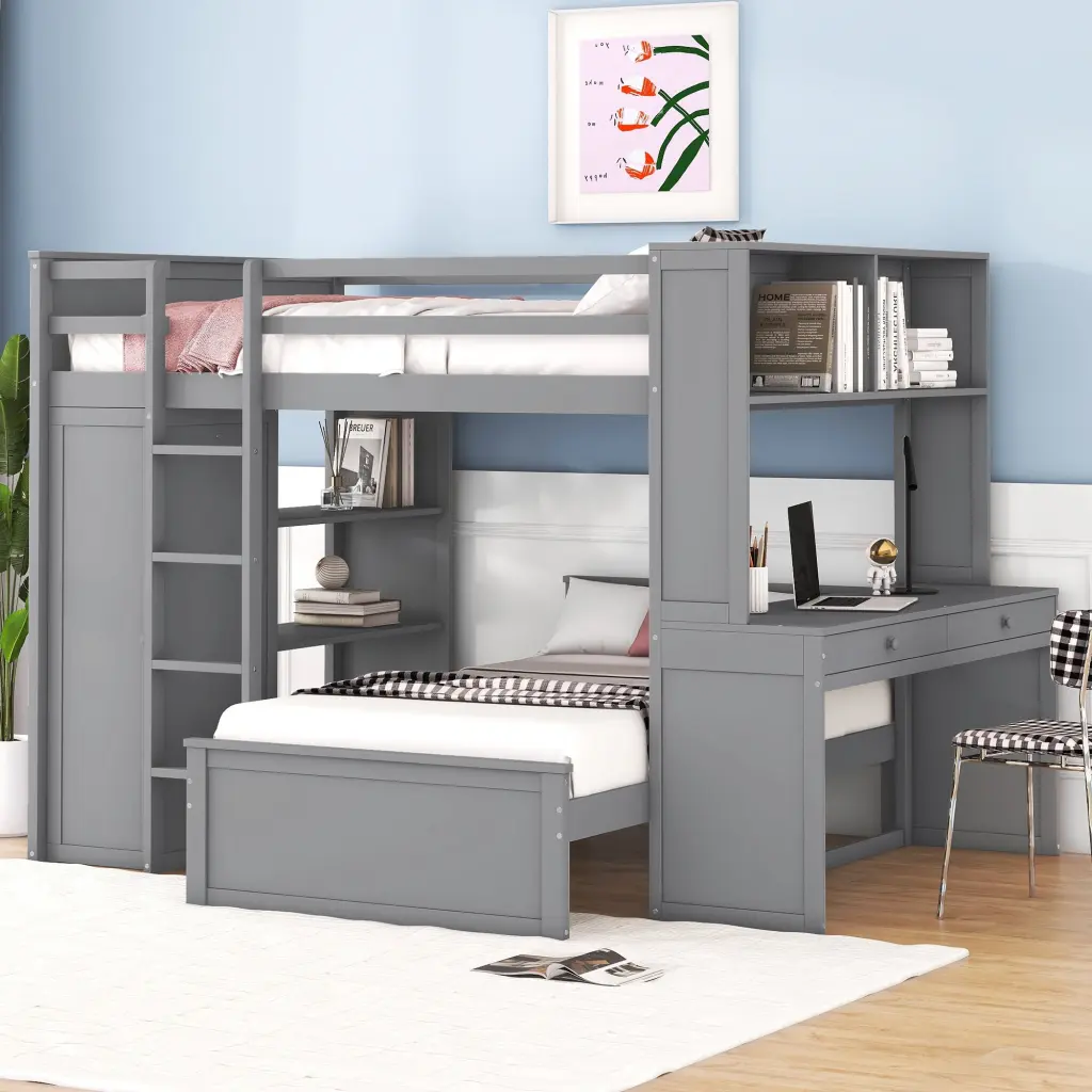 Full Loft Bed Twin Stand Alone Bed - Includes Shelves, Desk, and Storage lucky furniture