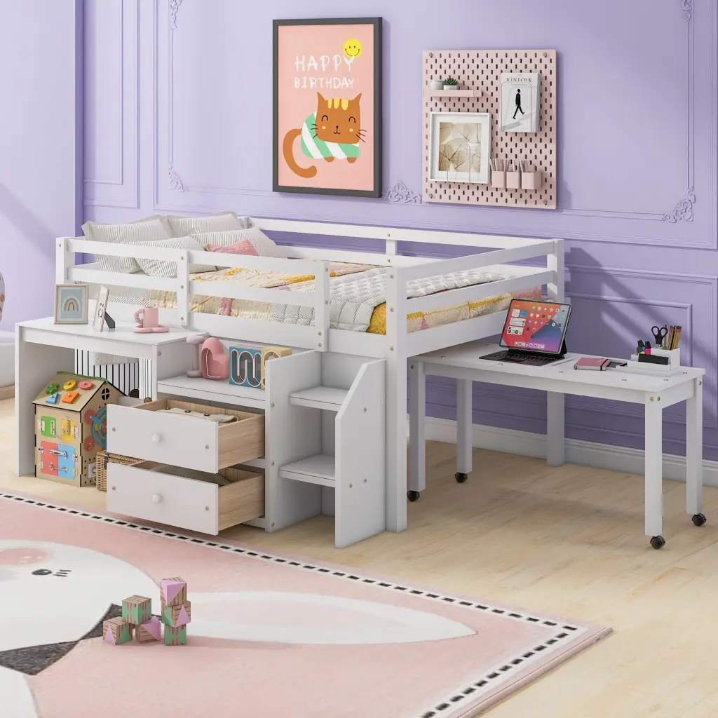 Full Size Loft Bed Desk and Drawers Wooden Design lucky furniture