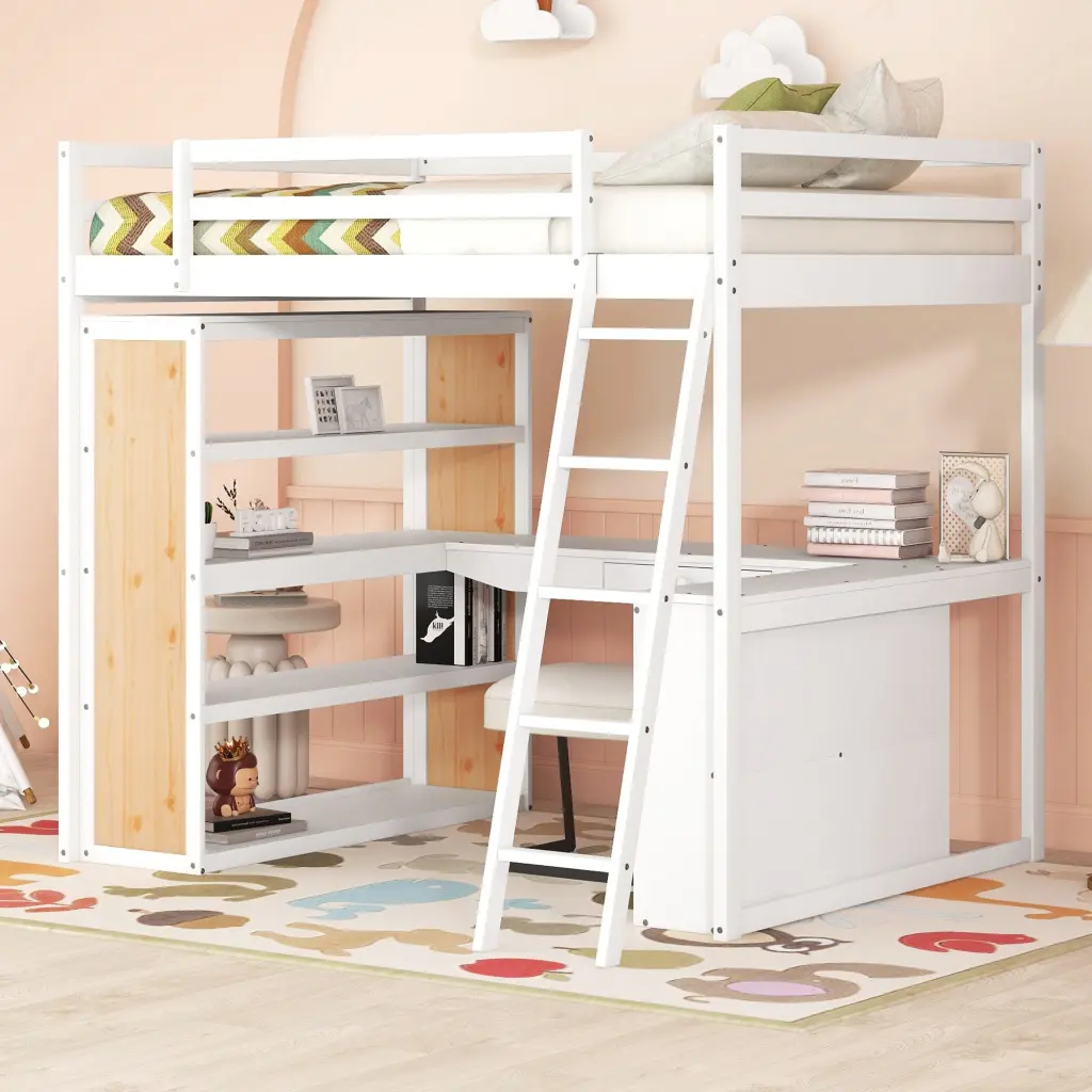 Full Size Loft Bed Ladder Shelves And Desk White Finish lucky furniture
