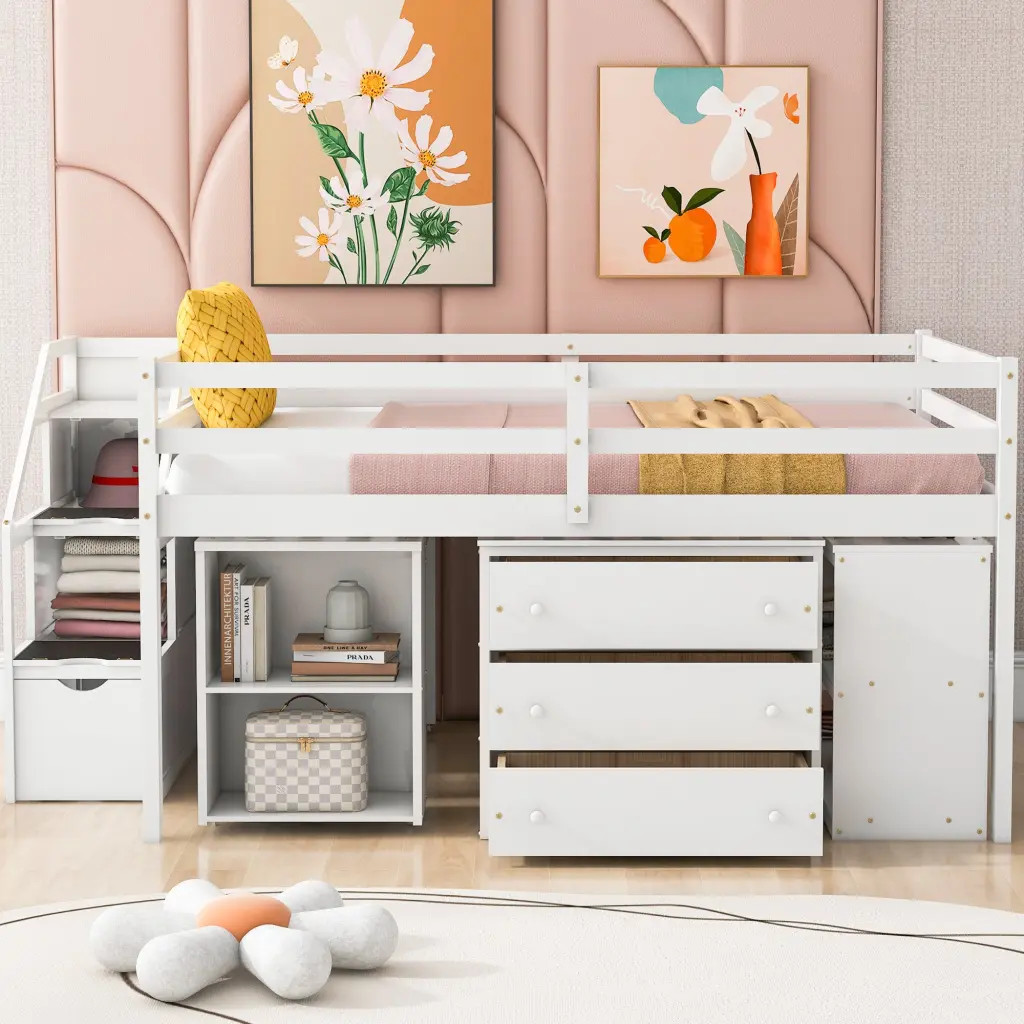 Full Size Loft Bed Retractable Writing Desk And 3 Drawers lucky furniture