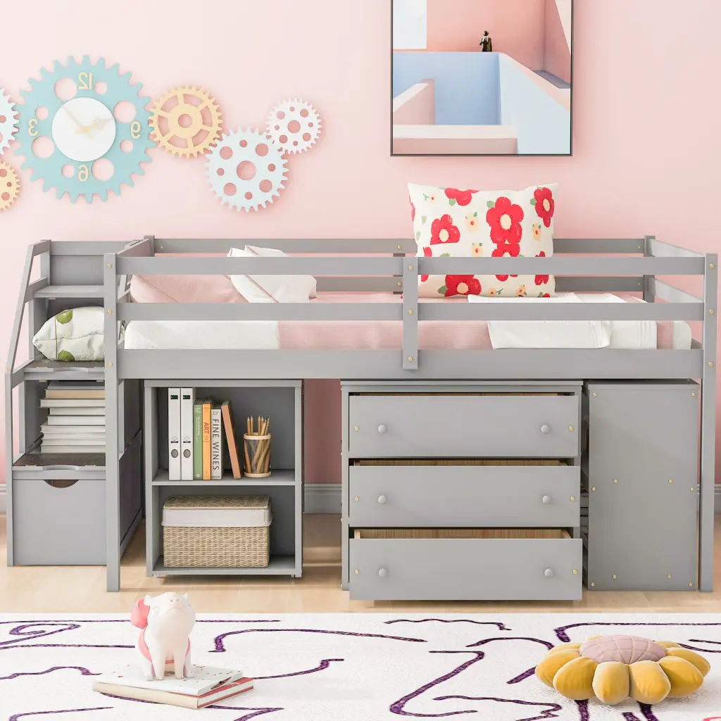 Full Size Loft Bed Retractable Writing Desk And 3 Drawers lucky furniture