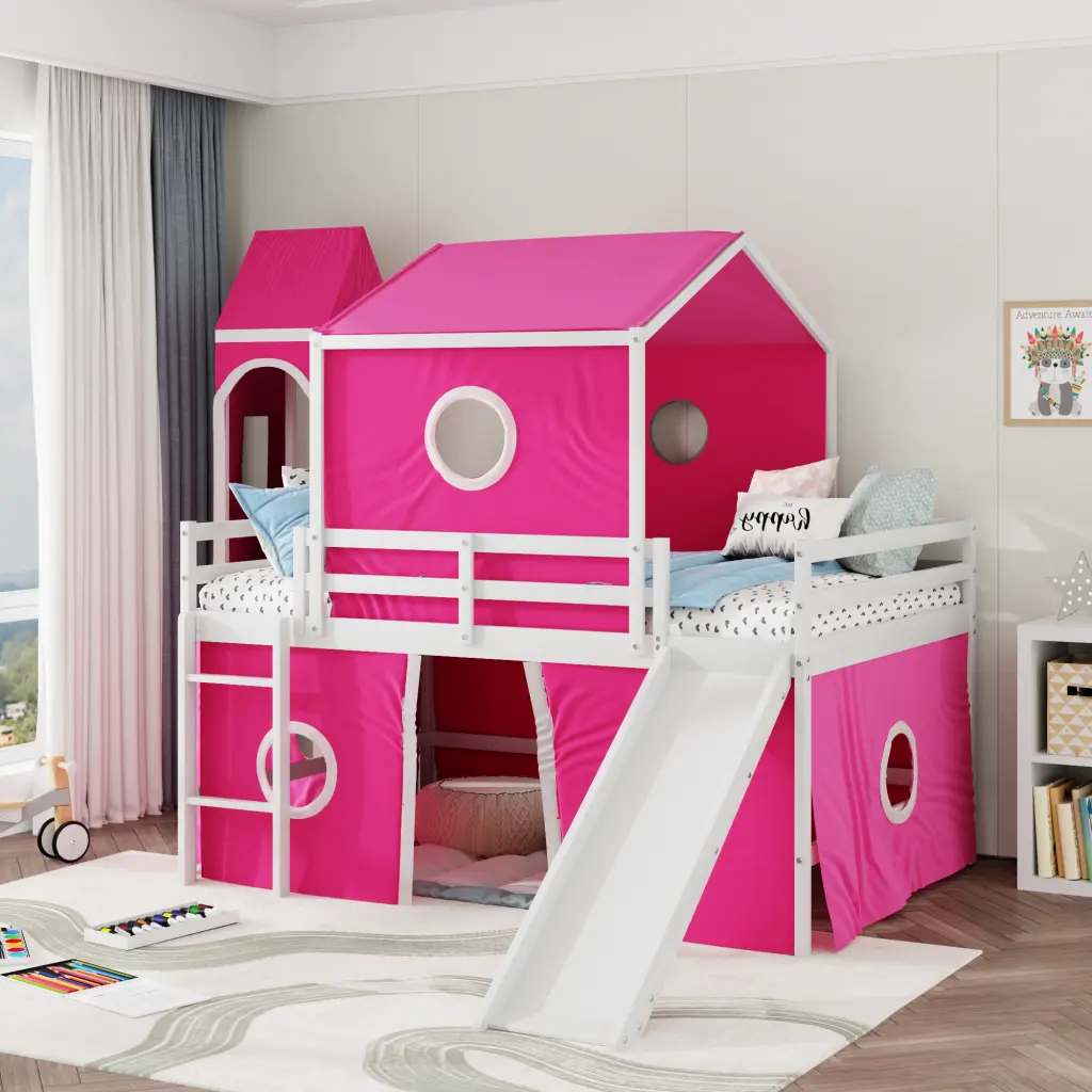Full Size Loft Bed Slide Pink Tent and Tower Kids lucky furniture