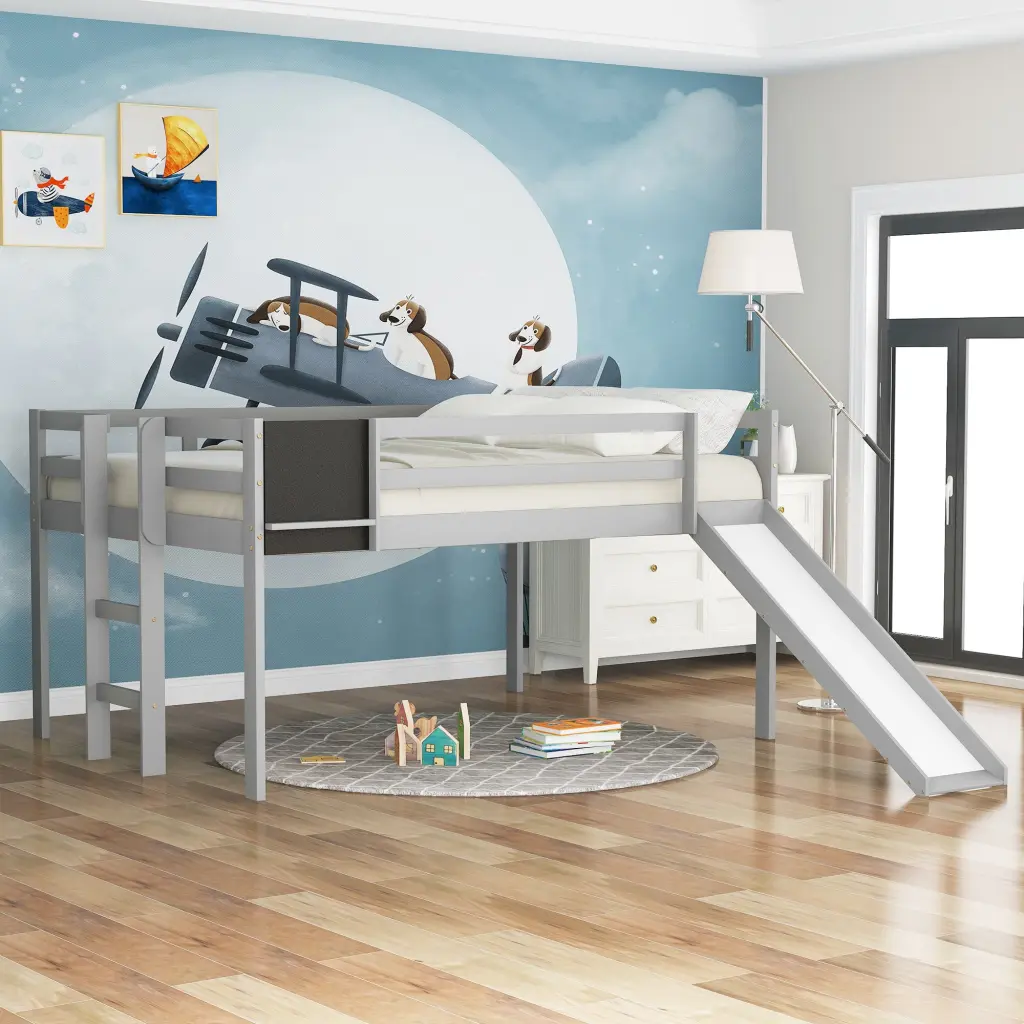 Full Size Loft Bed Slide Stair and Chalkboard Gray Finish lucky furniture