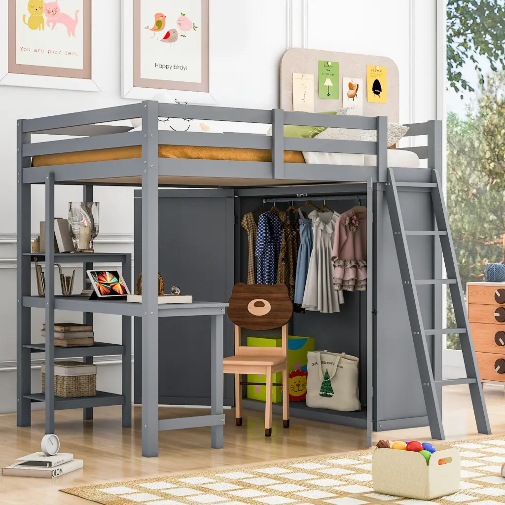 Full Size Loft Bed Wardrobe And Desk And Shelves Gray Full Gray lucky furniture