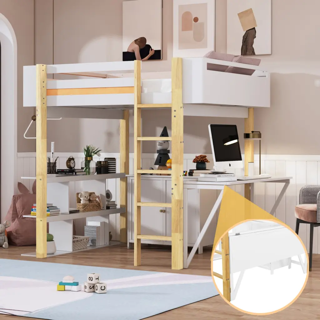 Full Size Wood Loft Bed Built- Storage Cabinet and Foldable Design lucky furniture
