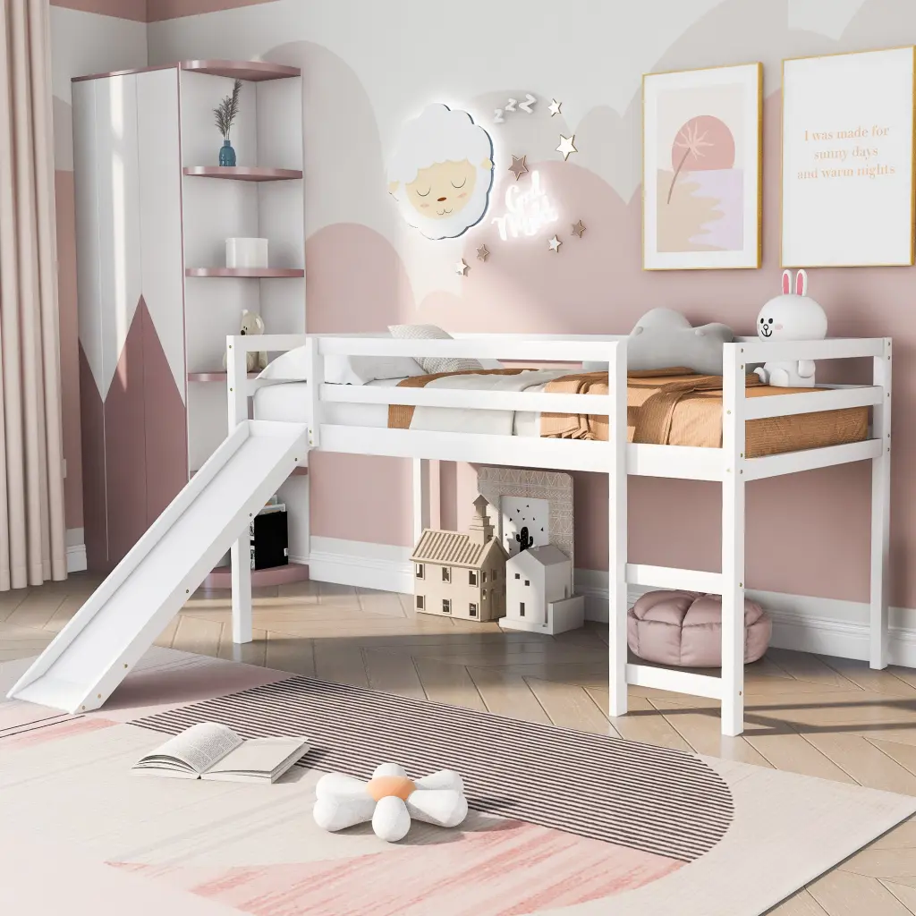 Loft Bed Slide Multifunctional Design Twin White lucky furniture