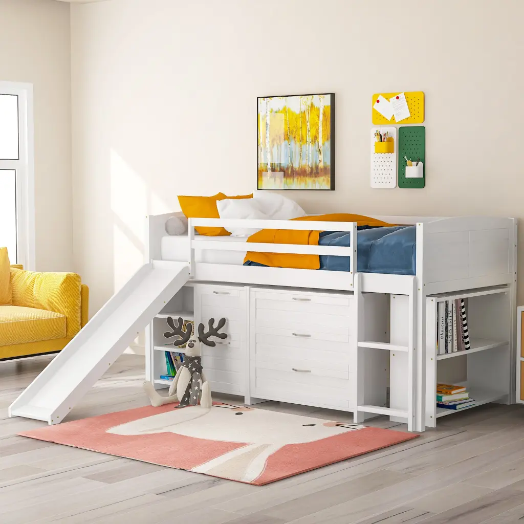Low Twin Dimensions Loft Bed Cabinets Shelves And Slide White lucky furniture