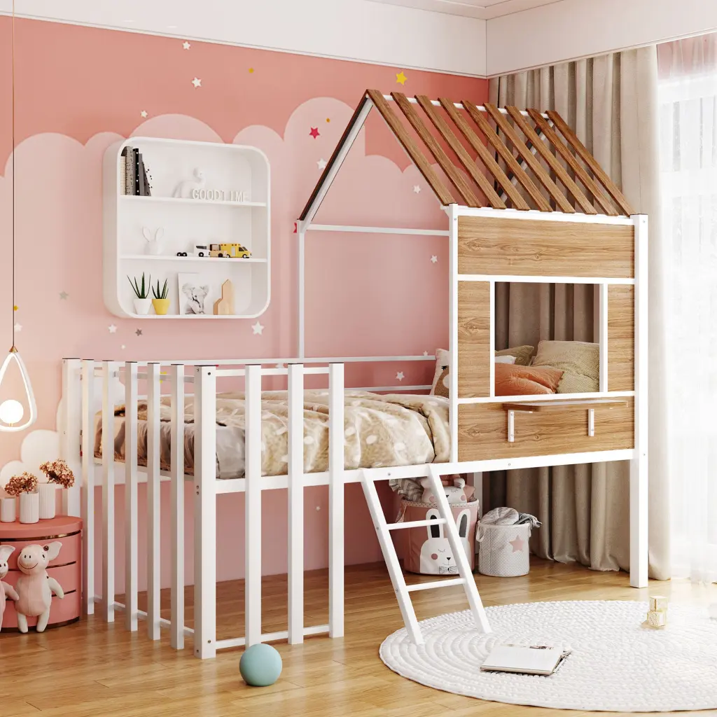 Metal Twin Dimensions Loft Bed Roof, Window, Guardrail, Ladder White lucky furniture