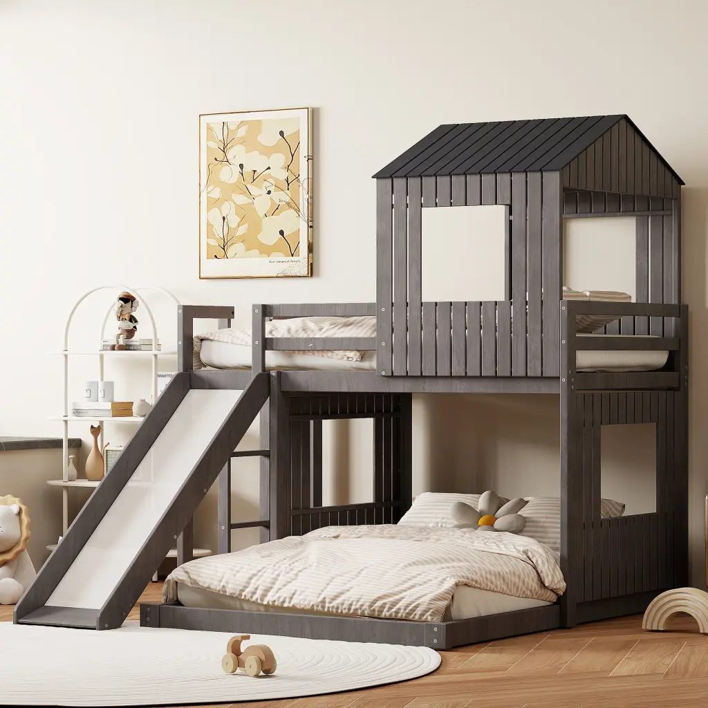 Timberen Twin Over Full Bunk Bed Loft Bed Gaming Desk Farmhouse Style lucky furniture
