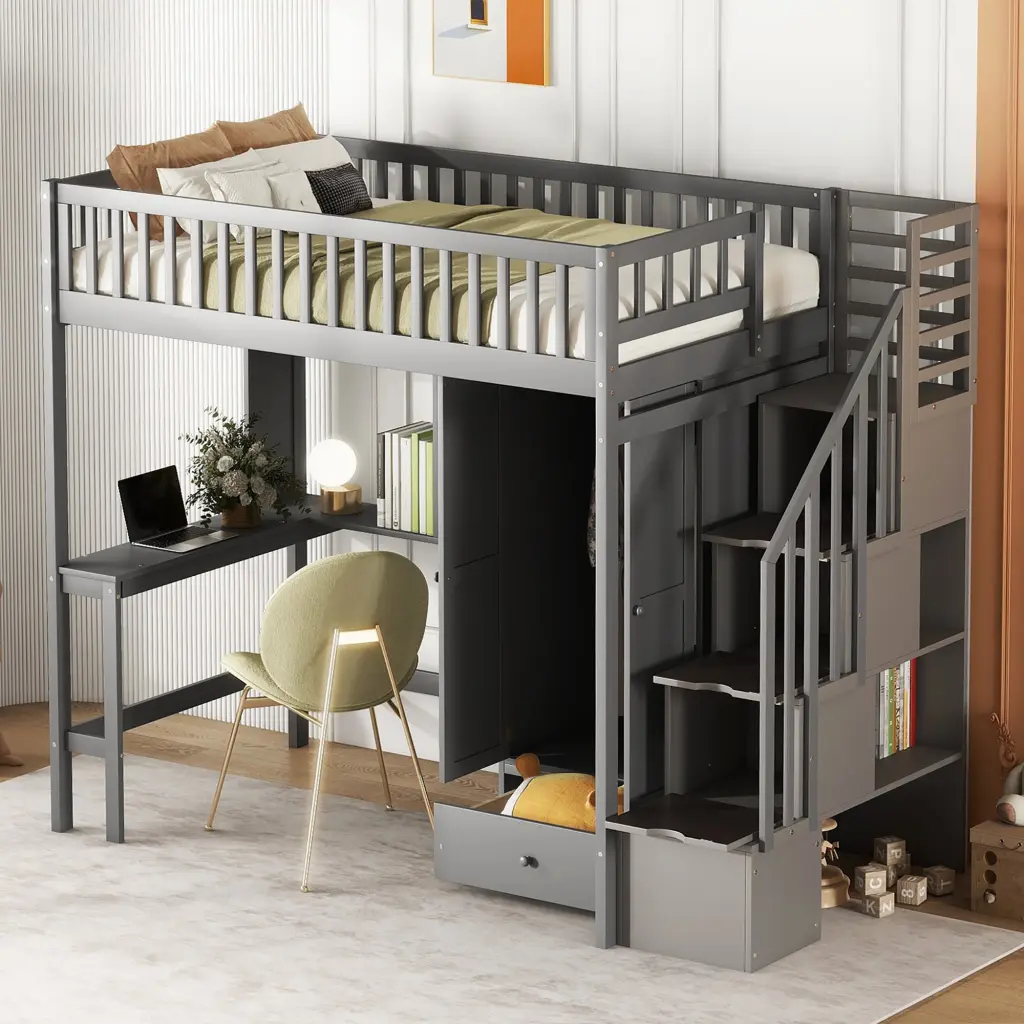 Twin Dimensions Loft Bed Bookshelf Drawers Desk And Wardrobe Gray Space Saving Bed lucky furniture