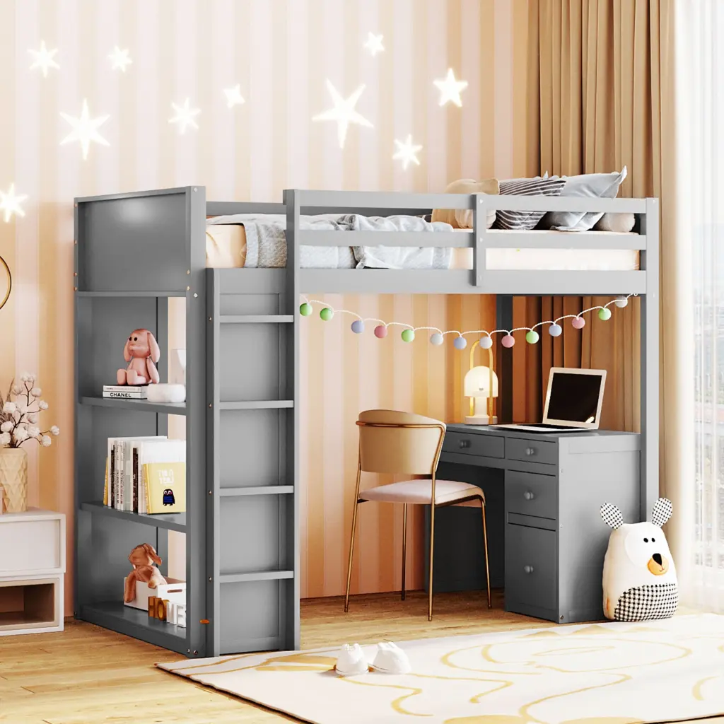 Twin Dimensions Loft Bed Ladder Shelves And Desk Gray Solid Wood lucky furniture