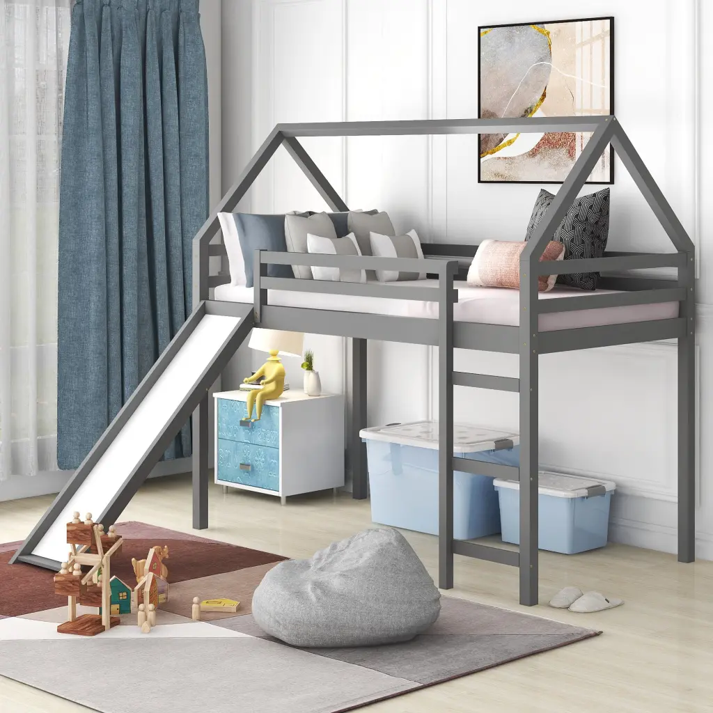 Twin Dimensions Loft Bed Slide Gray Wooden Kids Bed Fun Slide lucky furniture