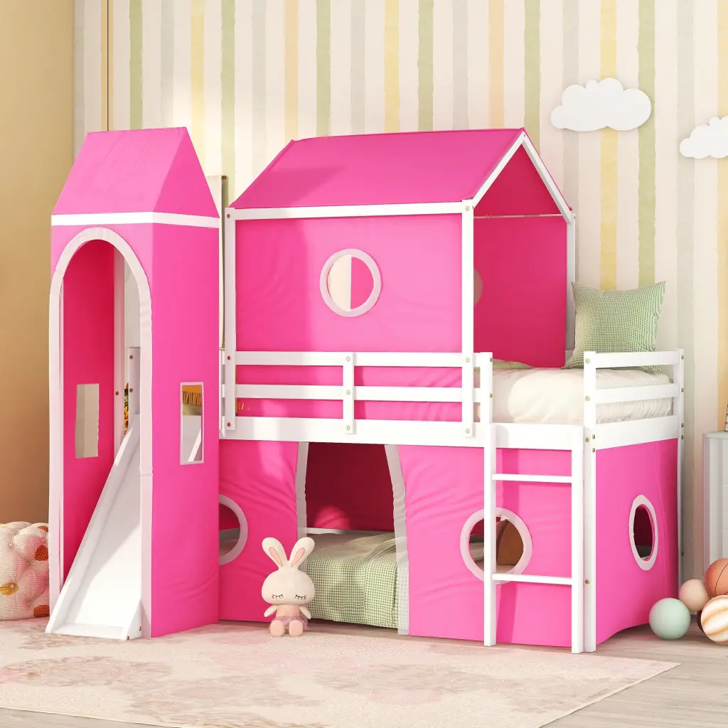Twin Dimensions Loft Bed Slide Pink Tent And Tower Pink Solid Wood lucky furniture