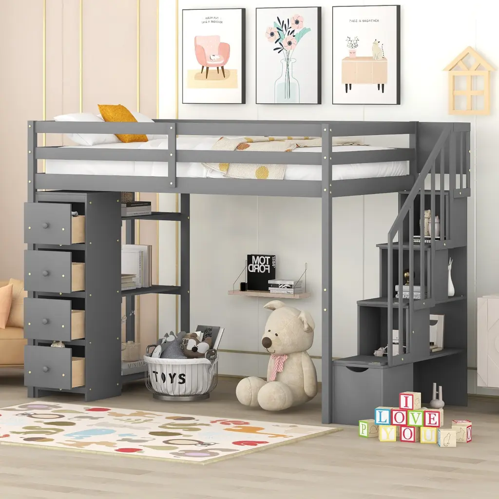 Twin Dimensions Loft Bed Storage Drawers And Stairs Wooden Loft Bed lucky furniture