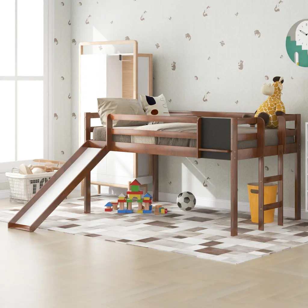 Twin Dimensions Loft Bed Wood Bed Slide Stair And Chalkboard Walnut Finish lucky furniture