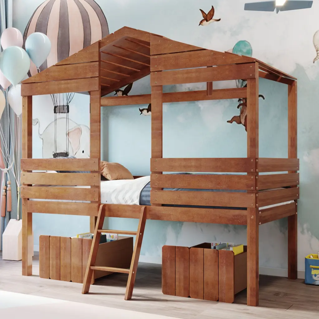 Twin Dimensions Low Loft Timber House Bed Two Drawers Walnut Solid Wood lucky furniture