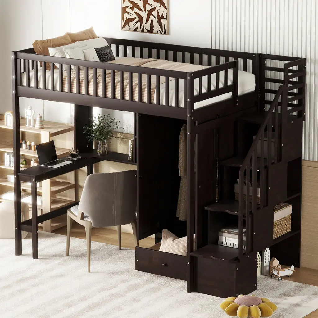 Twin Loft Bed Bookshelf Drawers Desk and Wardrobe Espresso lucky furniture