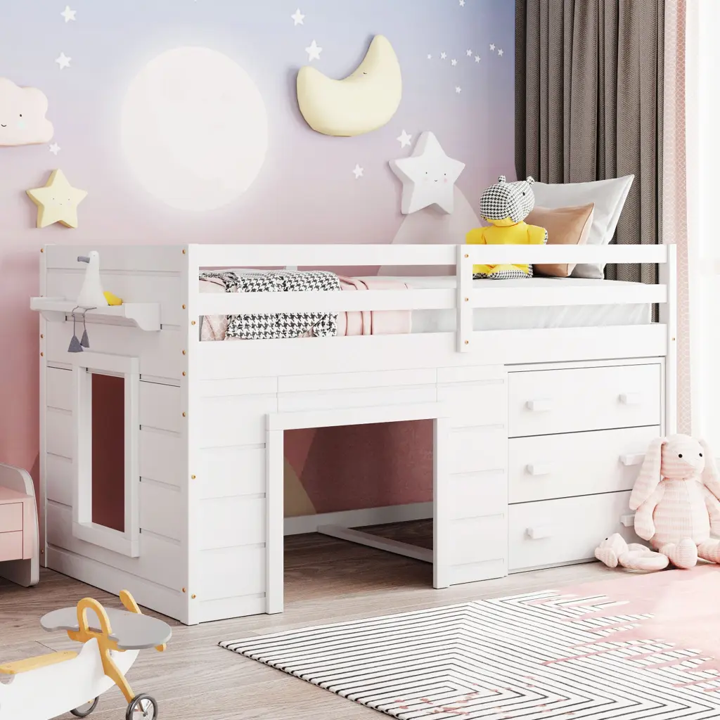 Twin Loft Bed Cabinet and Shelf White Space Saving Furniture lucky furniture