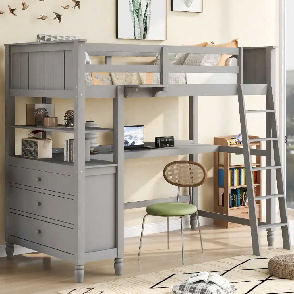 Twin Loft Bed Drawers, Desk, and Shelves Wooden Finish lucky furniture