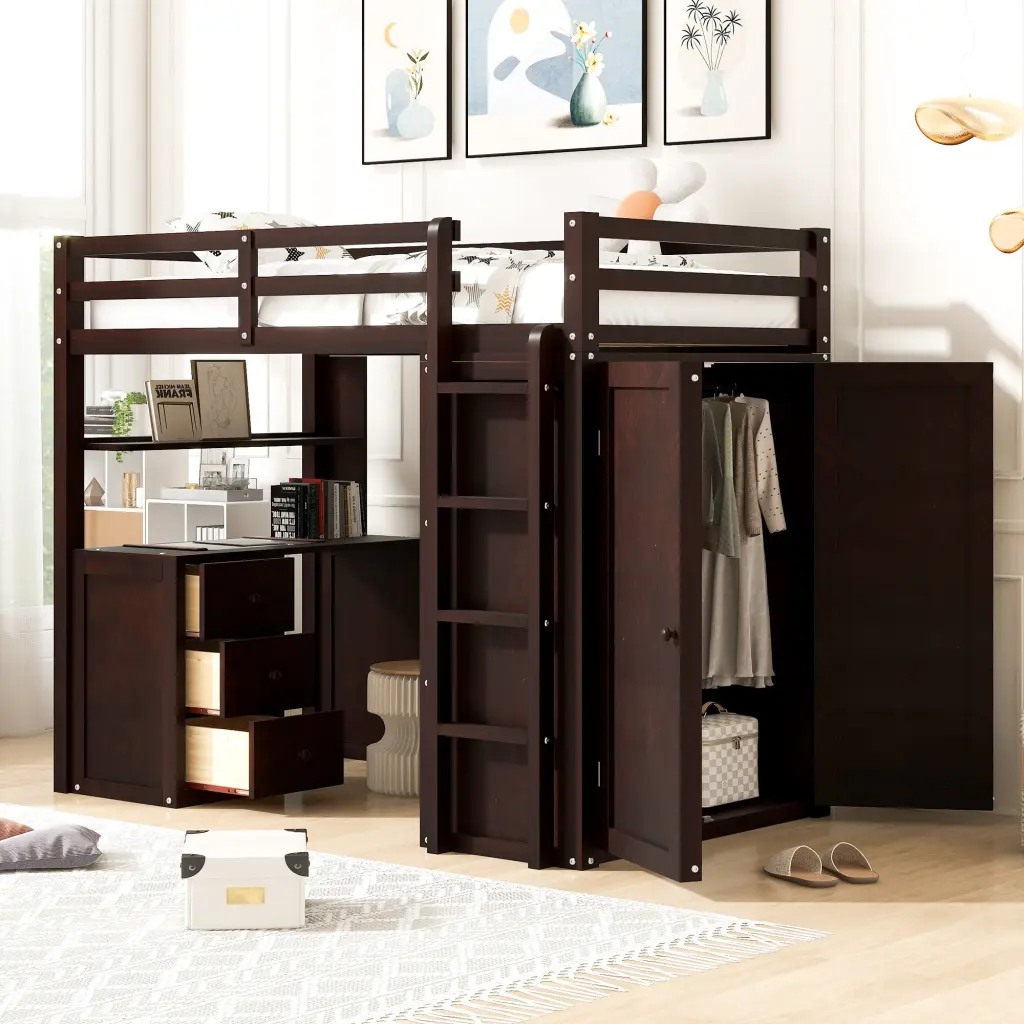 Twin Loft Bed Drawers Desk and Wardrobe Espresso Finish lucky furniture