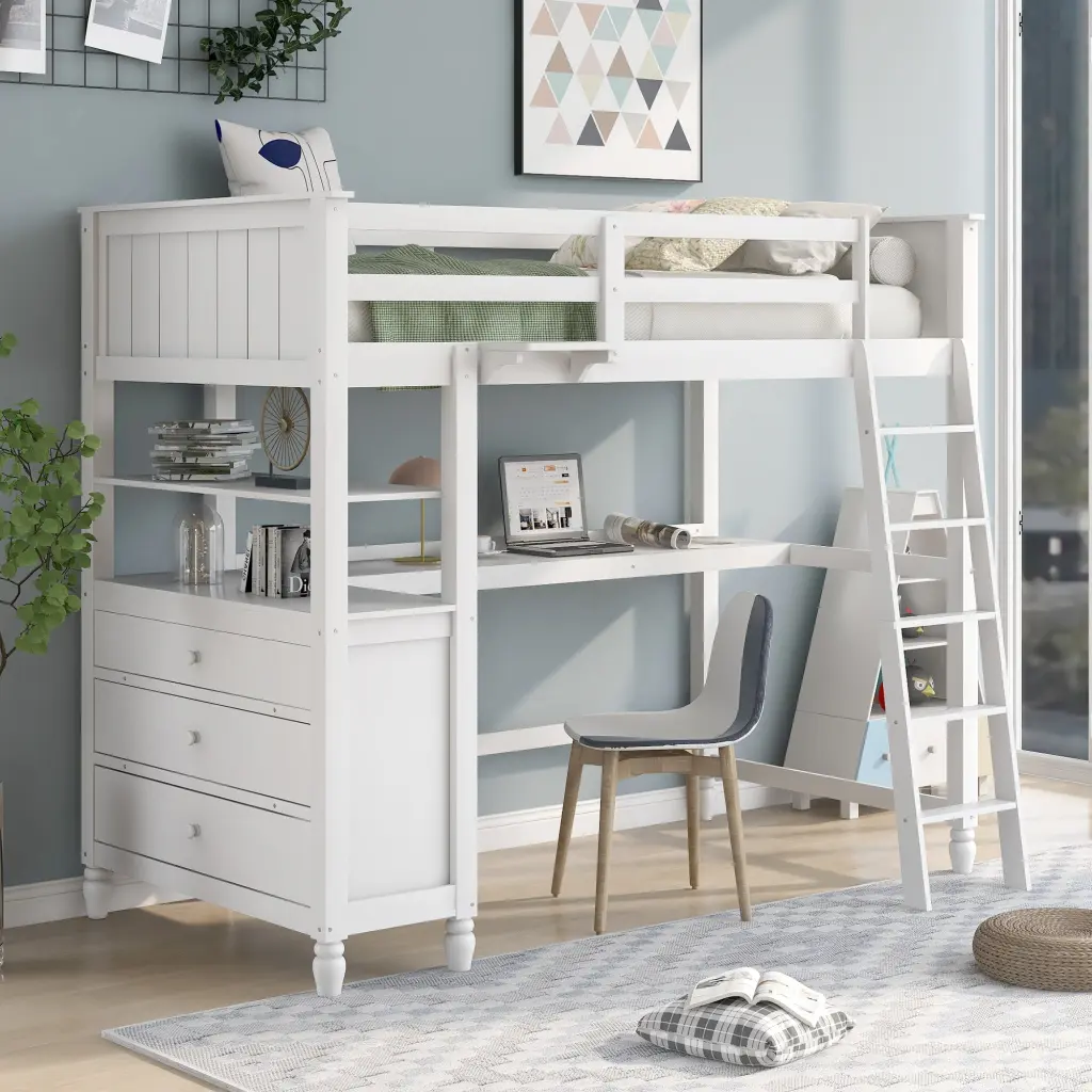Twin Loft Bed Drawers and Desk - Wooden Loft Bed Shelves lucky furniture