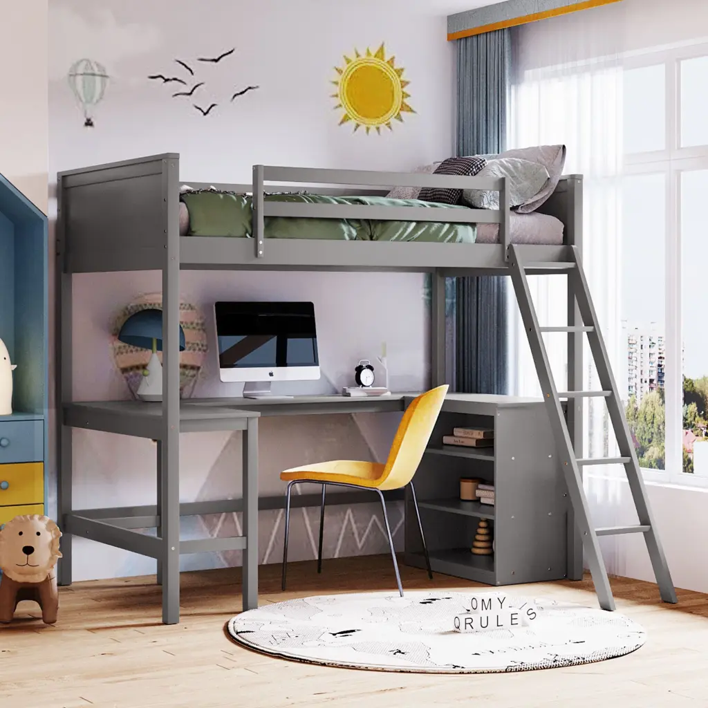 Twin Loft Bed Shelves And Desk Wooden Study Space Saver lucky furniture