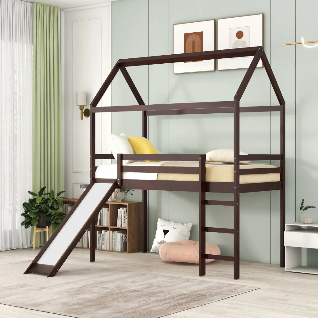 Twin Loft Bed Slide - Espresso Finish Wooden Kids Bed Fun Slide lucky furniture