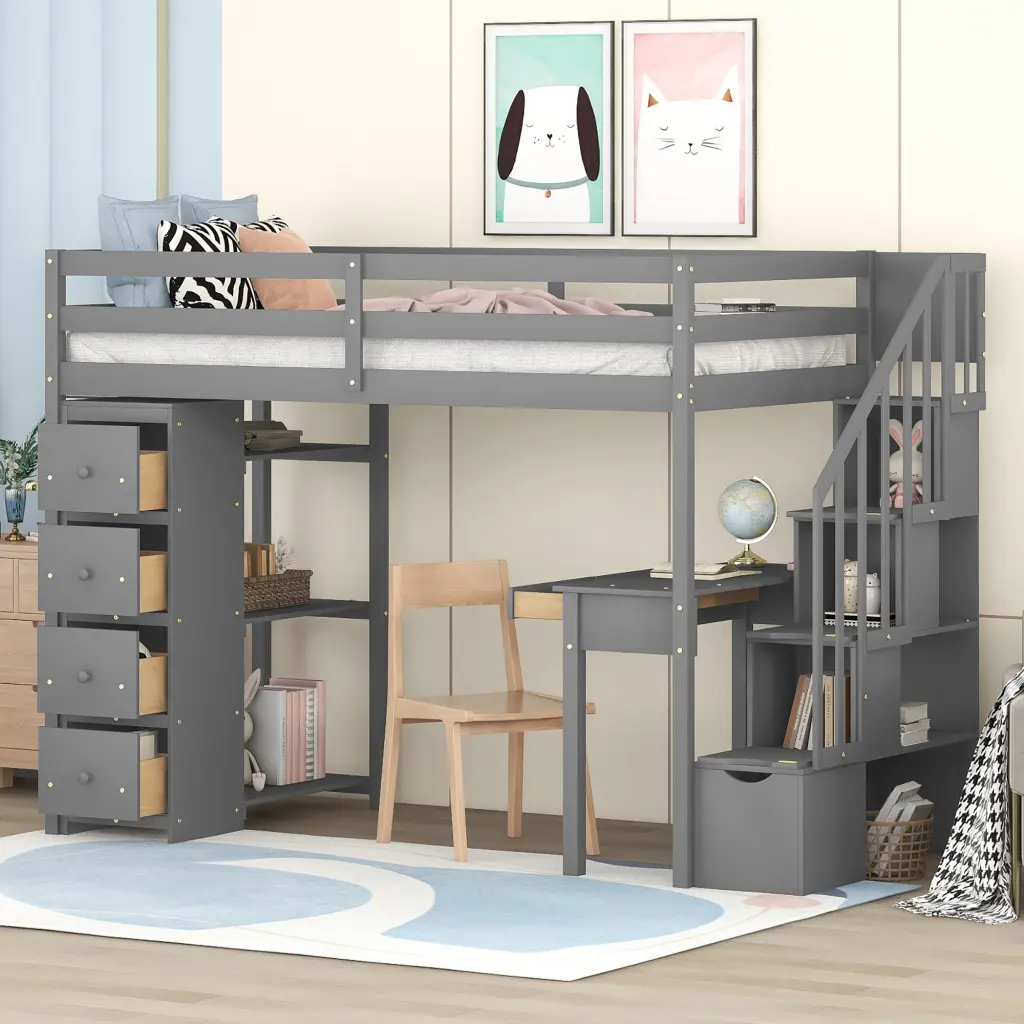 Twin Loft Bed Storage Drawers, Desk, and Stairs Timber lucky furniture