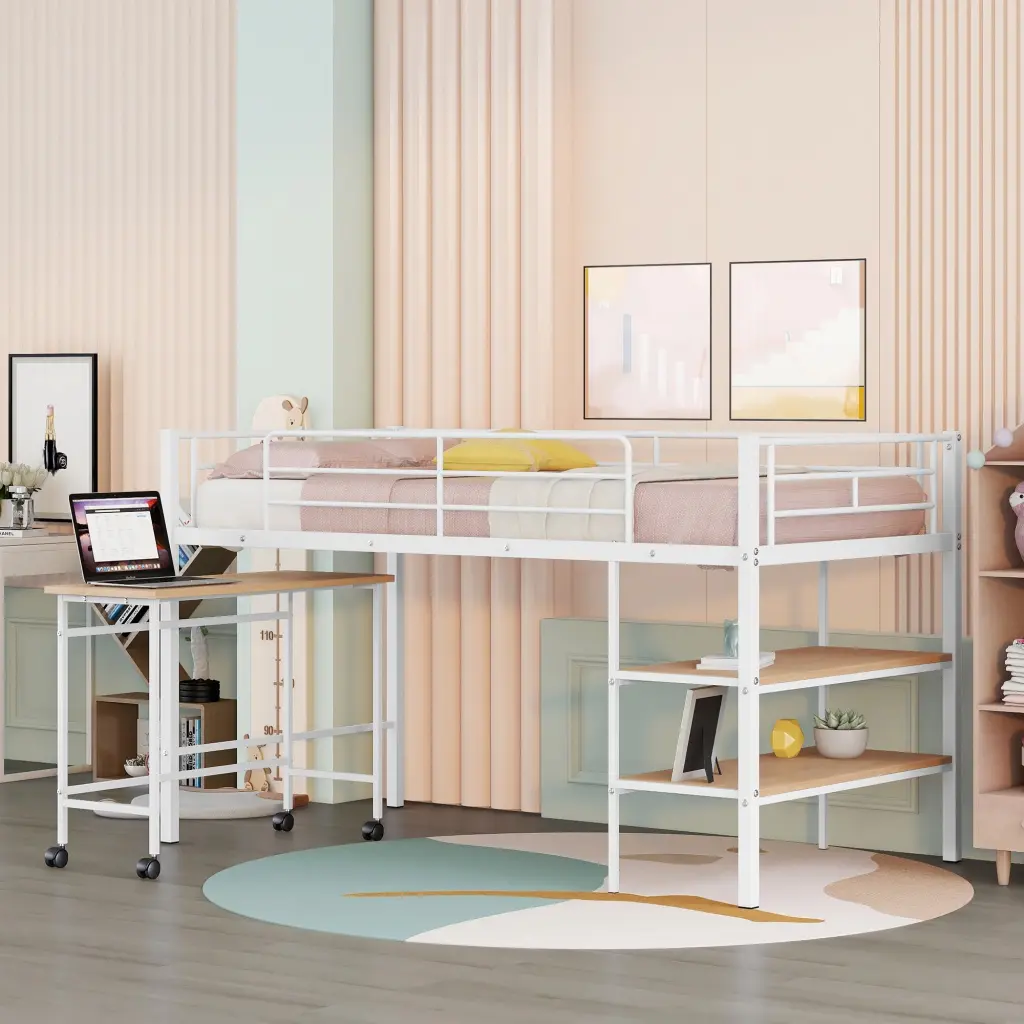 Twin Metal Loft Bed Desk and Shelves White Kids lucky furniture