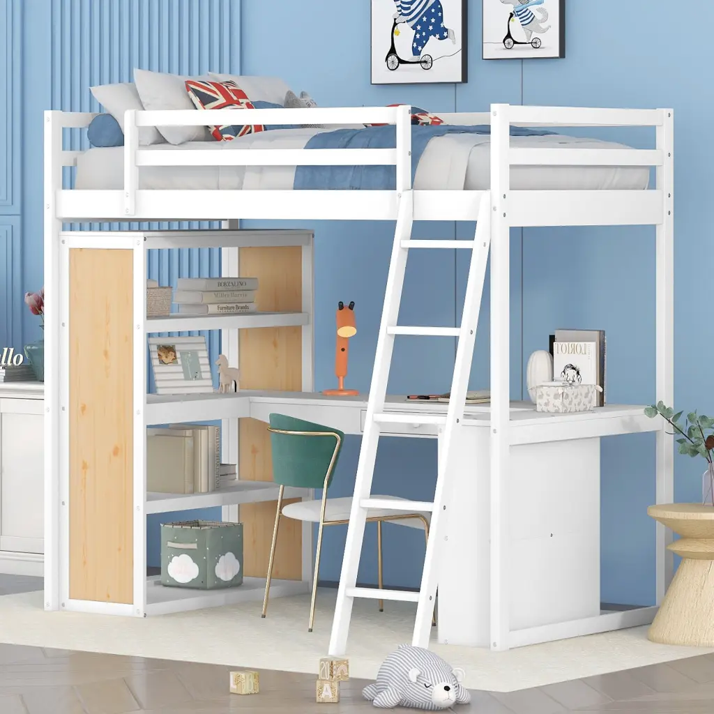 Twin Size Loft Bed Ladder, Shelves, and Desk White lucky furniture