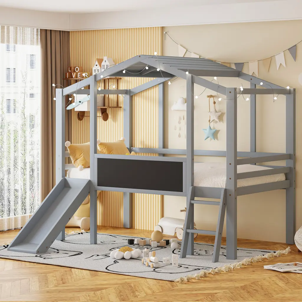 Twin Size Loft Bed Ladder Slide and Blackboard Kids Room Space Saving lucky furniture