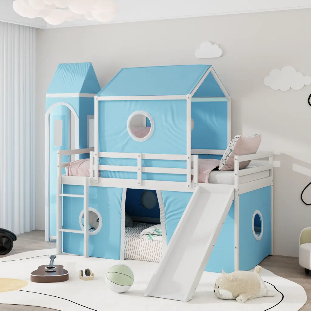 Twin Size Loft Bed Slide Pink Tent and Tower Blue Kids lucky furniture