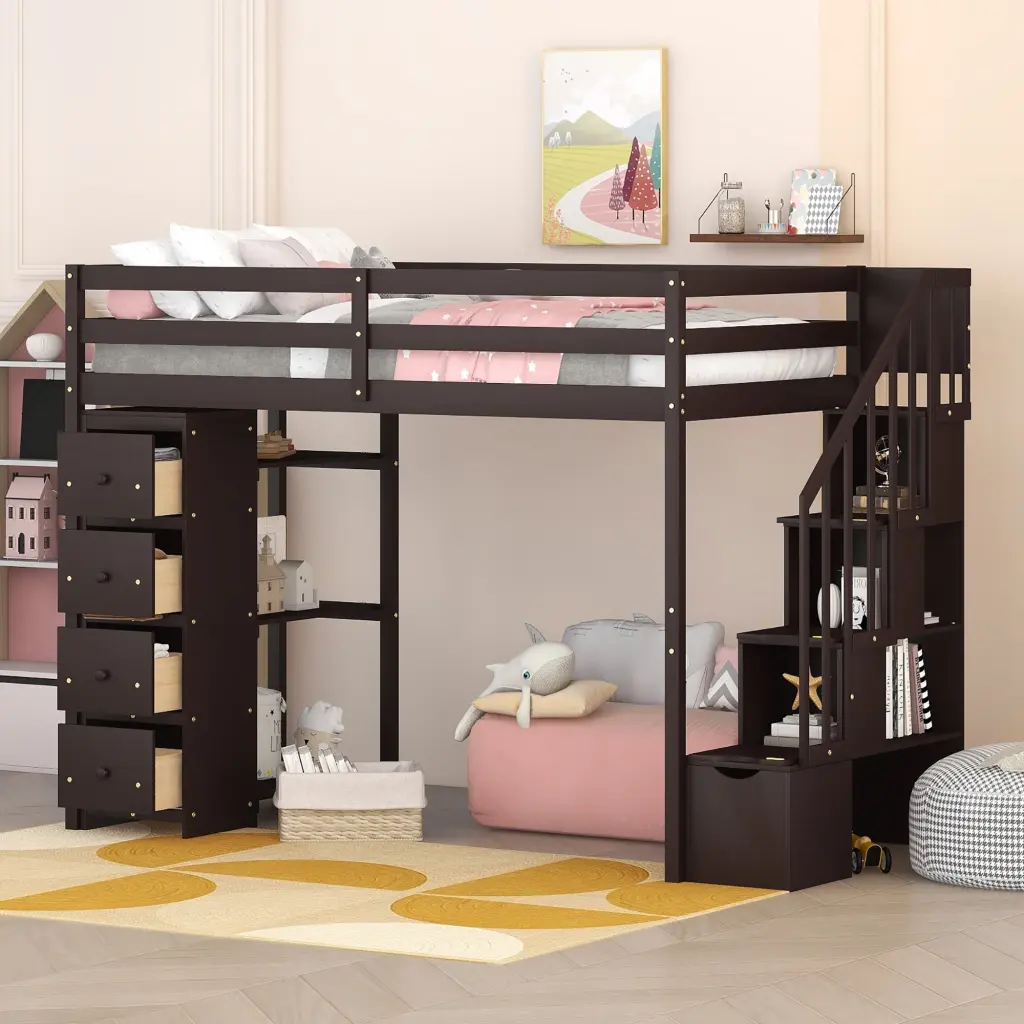 Twin Size Loft Bed Storage Drawers and Stairs Wooden Loft Bed Kids lucky furniture