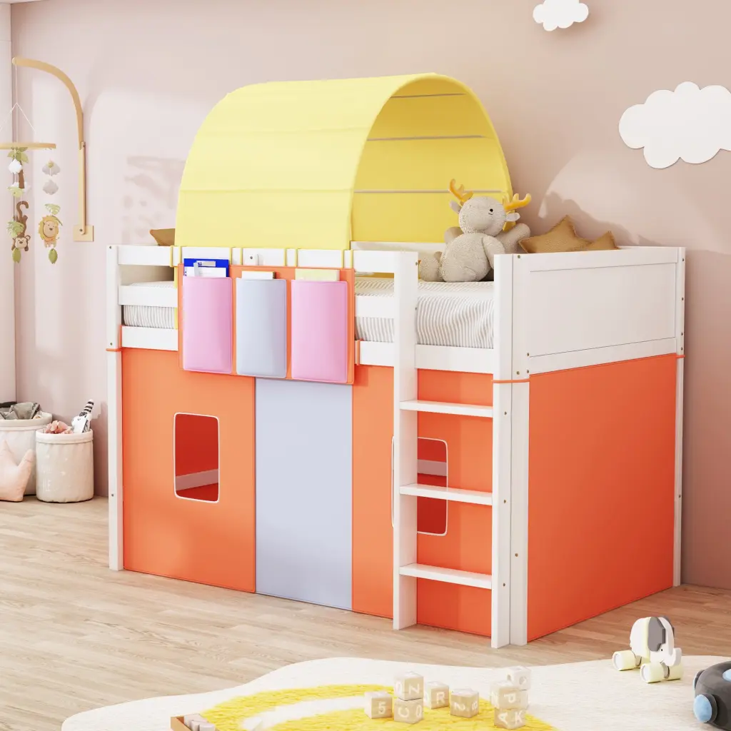 Twin Size Loft Bed Tent And Tower And Three Pockets Orange Blue Kids Furniture lucky furniture
