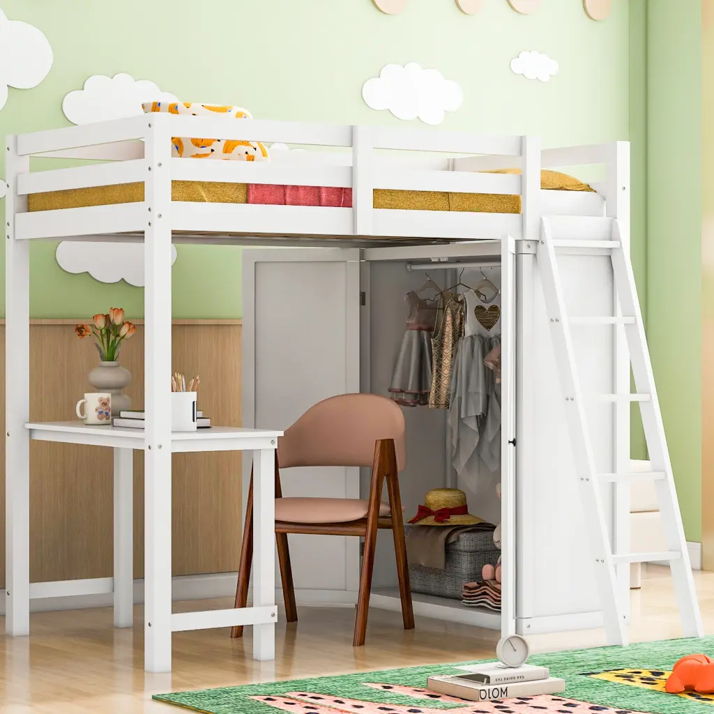Twin Size Loft Bed Wardrobe And Desk White Twin White Rubber Wood lucky furniture
