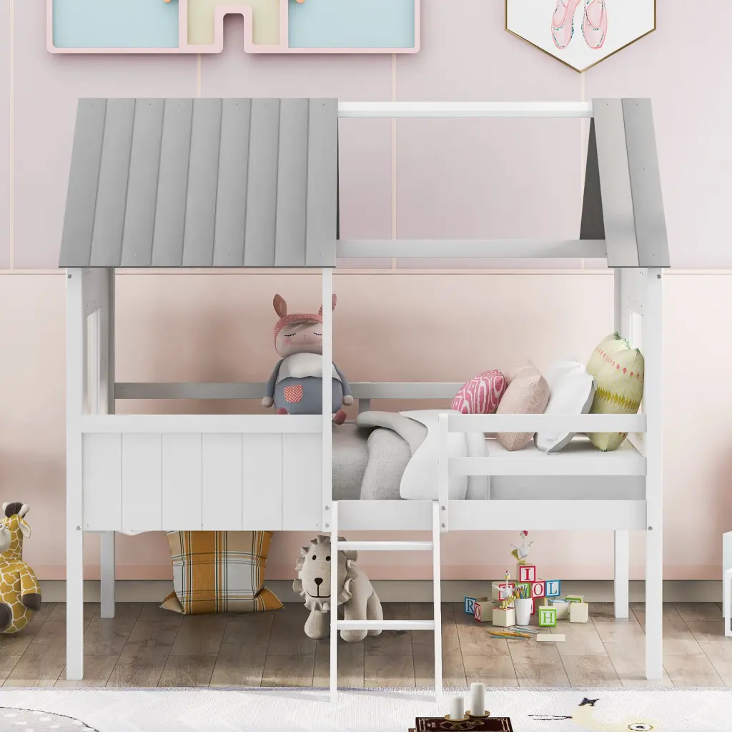 Twin Size Low Loft Wood Houtilize Bed Two Side Windows White Gray lucky furniture