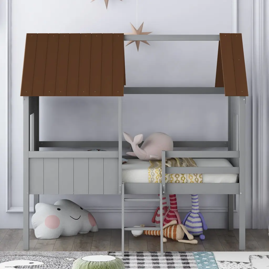 Twin Size Low Loft Wood Houtilize Bed Side Windows Gray Brown lucky furniture