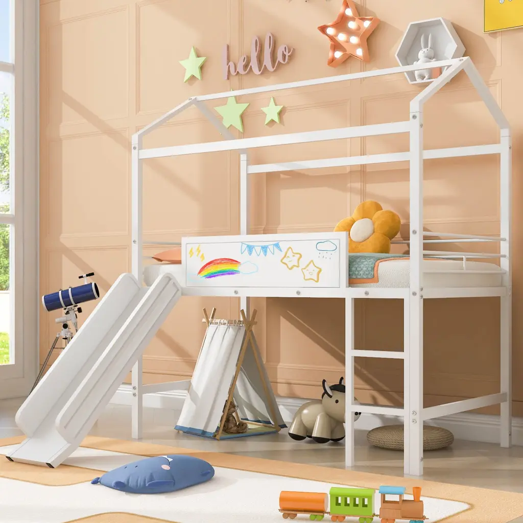 Twin Size Metal Loft Bed Slide Two Sided Rails Sturdy Construction lucky furniture