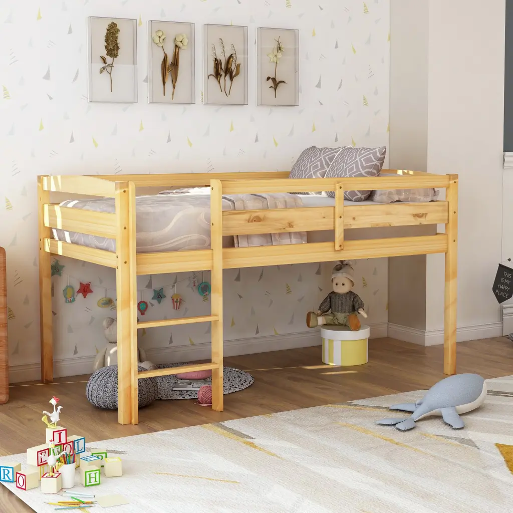Twin Timber Loft Bed Low Profile Ladder Walnut Finish Compact Kids Room Solution lucky furniture