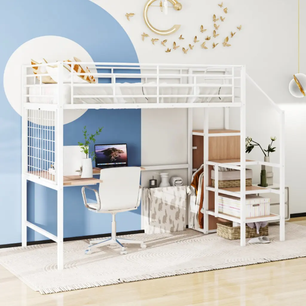 Full Dimensions Metal Loft Bed Desk And Metal Grid Chic Metal Frame lucky world