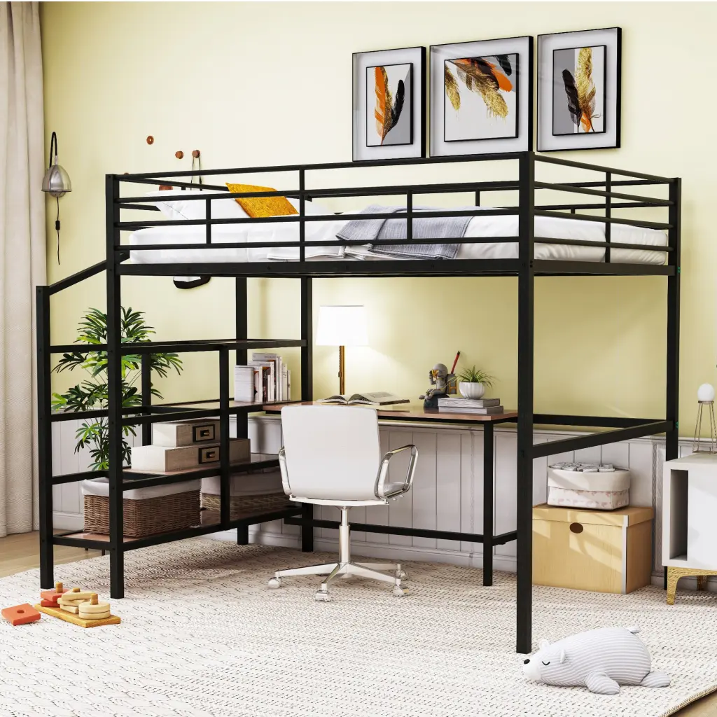 Full Dimensions Metal Loft Bed Desk And Lateral Storage Ladder Black lucky world