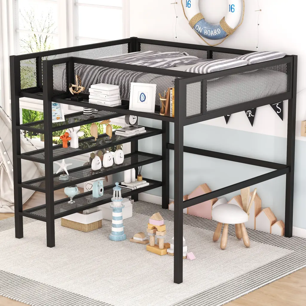 Full Dimensions Metal Loft Bed 4 Tier Shelves And Storage Black Full Bed lucky world