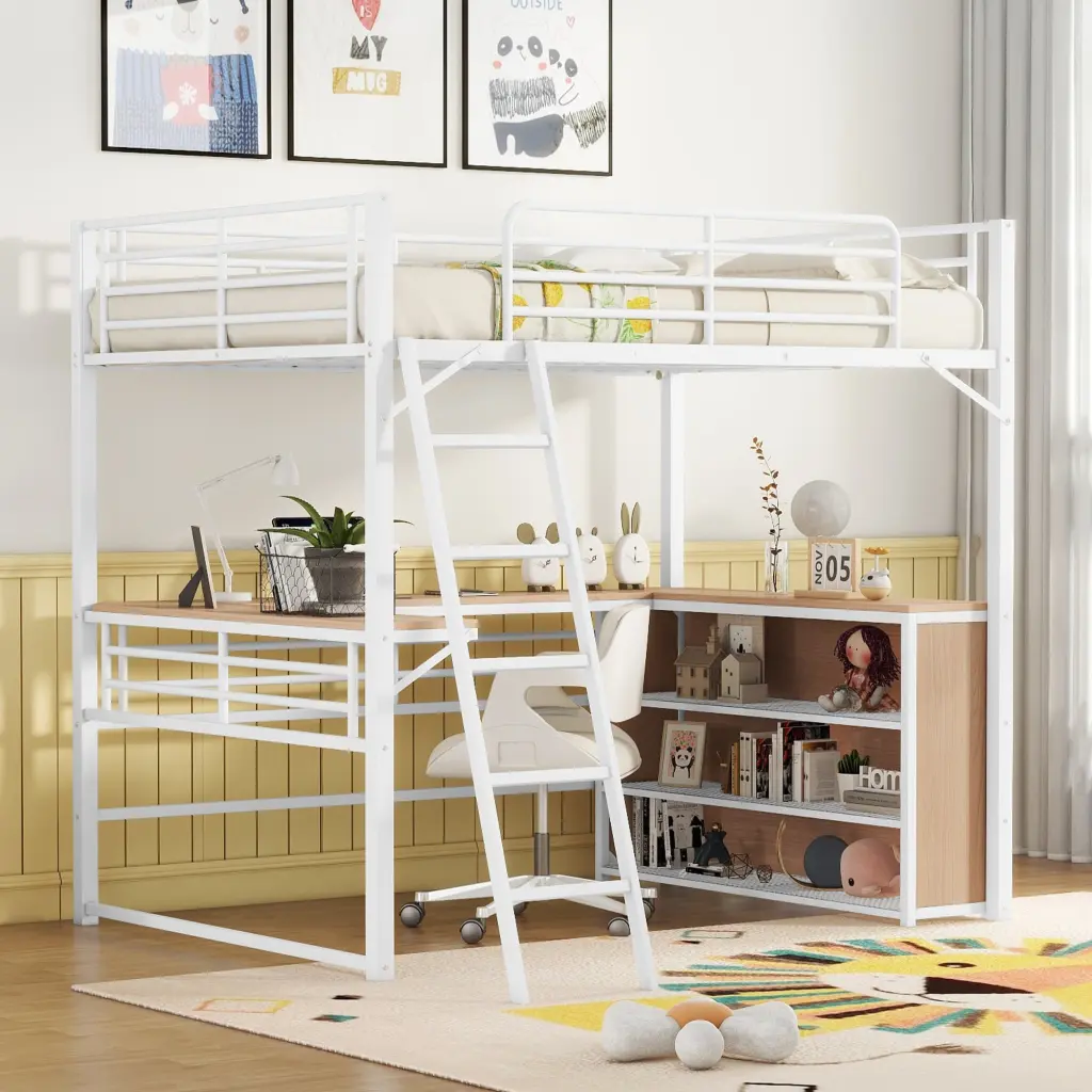 Full Metal Loft Bed 3 Layers Shelves and L Influenced Desk lucky world