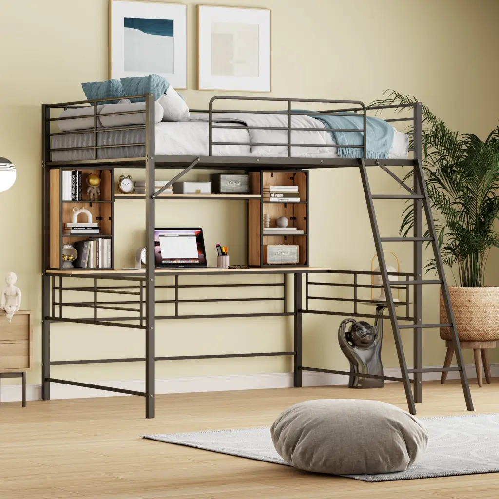 Full Size Loft Bed Desk and Shelf Black Space Saving Furniture lucky world
