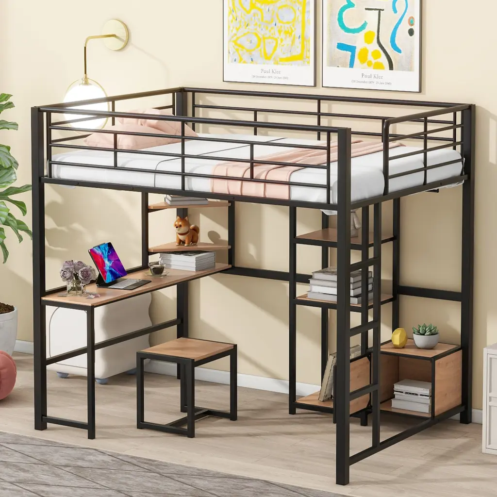 Full Size Loft Bed Desk And Stool Metal Loft Bed Open Style lucky world