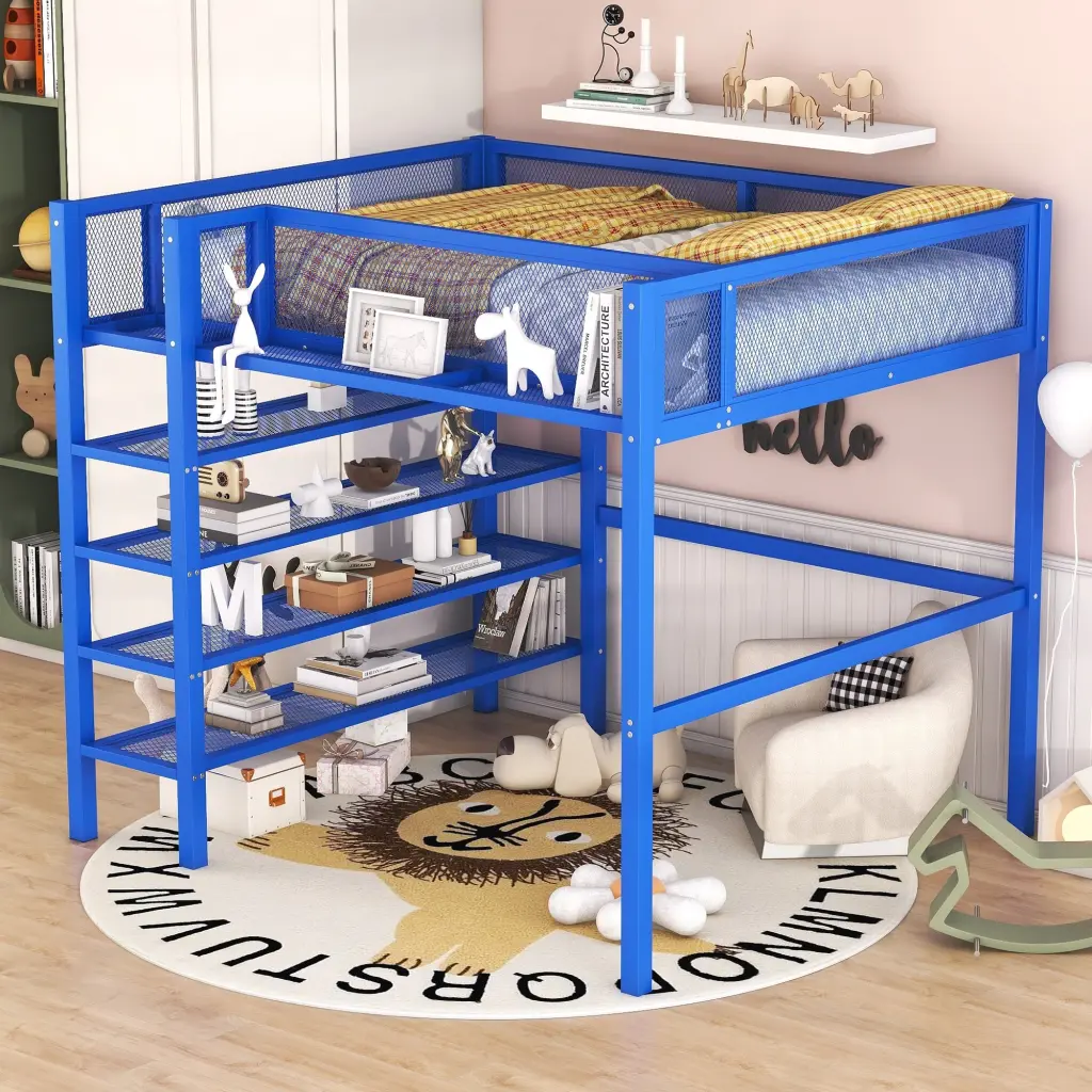 Full Size Metal Loft Bed 4-Tier Shelves and Storage Blue lucky world