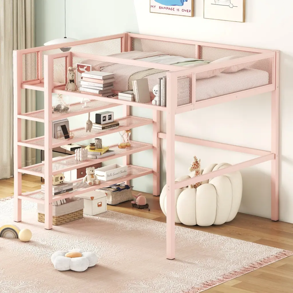 Full Size Metal Loft Bed 4 Tier Shelves And Storage Pink lucky world