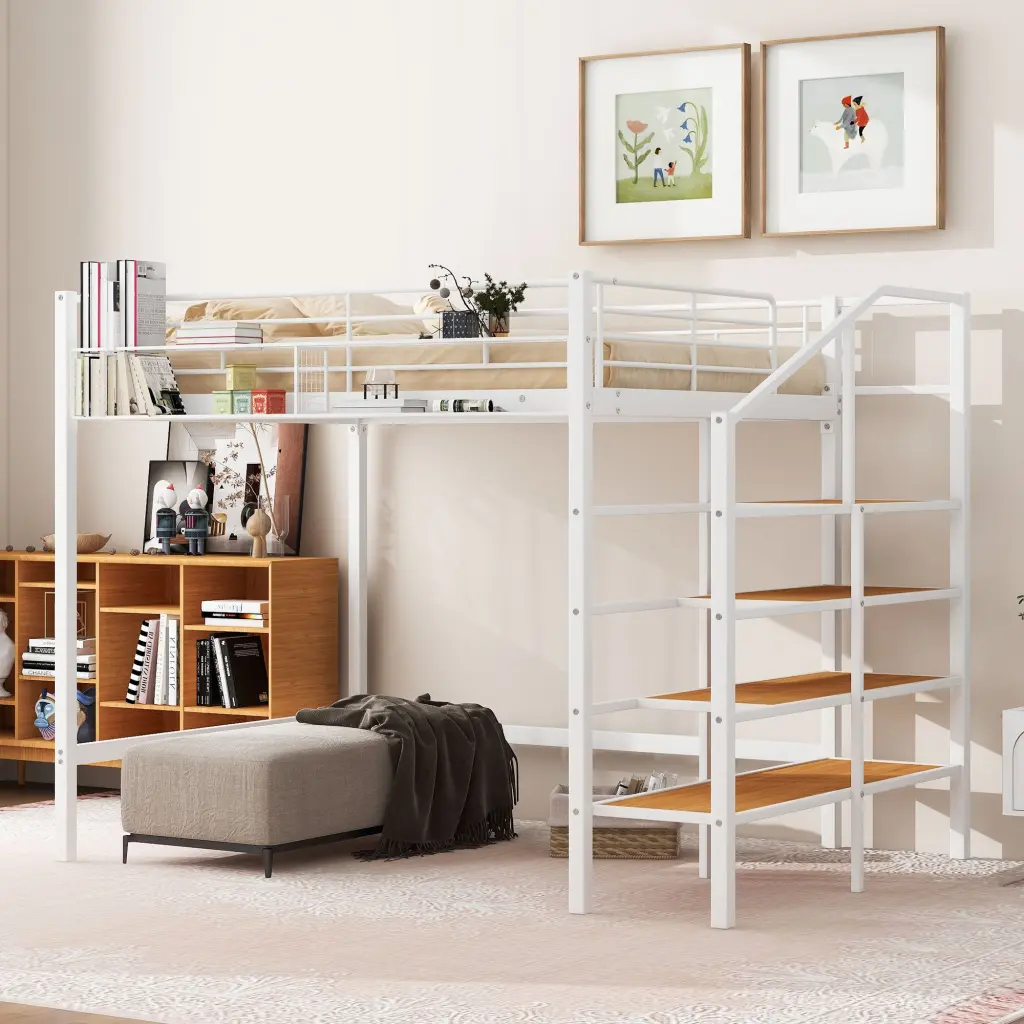 Full Size Metal Loft Bed Upper Grid Storage Shelf And Lateral Storage lucky world